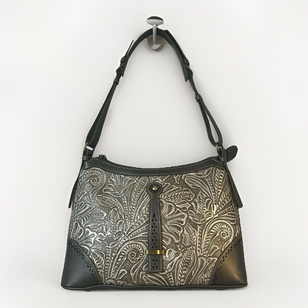 M C Mark Chantal Western Floral Tooled Style Shoulder Bag Gray NWOT